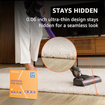 ZONGOOL 24 PCS Rug Tape, Reusable Washable Grippers for Rugs, Double Sided Non-Slip Rug Pads for Hardwood Floors, Rug Stoppers to Prevent Sliding, White