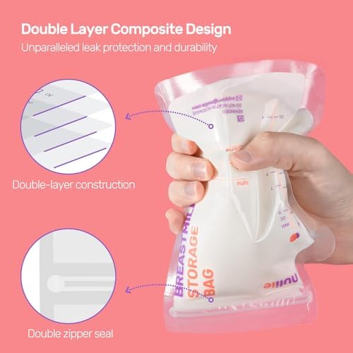 Nuliie 300 Pcs Breastmilk Storage Bags, 8 OZ Breast Milk Storing Bags, BPA-Free, Milk Storage Bags with Pour Spout for Breastfeeding, Self-Standing Bag, Space Saving Flat Profile
