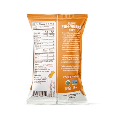 Puffworks Baby Organic Peanut Butter Puffs, Perfect for Early Peanut Introduction, Plant-Based Protein, USDA Organic, Gluten-Free, Vegan, Non-GMO, Kosher, 0.5 Ounce (Pack of 12)