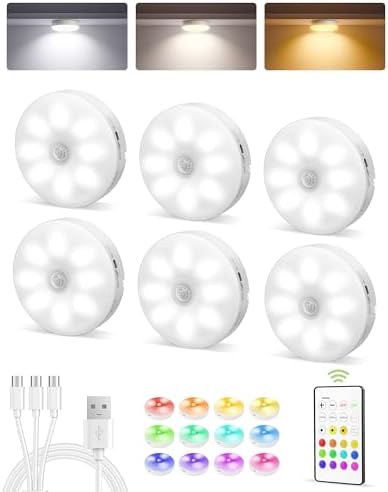 EZVALO 6-Pack Under Cabinet Lighting, Rechargeable Motion Sensor Puck Lights with Remote, 3 Color Temps &12 RG Colors, Magnetic Stick on Light, Dimmable Under Counter Lights for Kitchen, Shelf, Stair