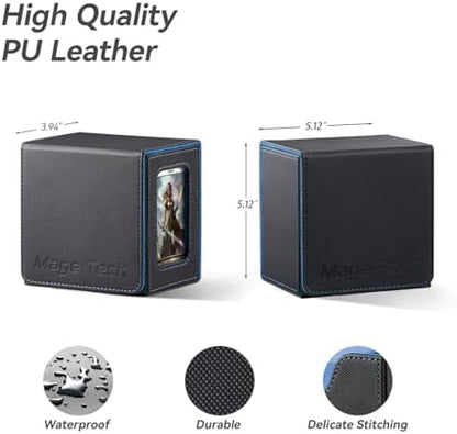 Card Deck Box for MTG Commander - Patented Design, Commander Display, Fits 100 Double-Sleeved Cards, 35pt Card Brick & Dice Tray - Black/Blue