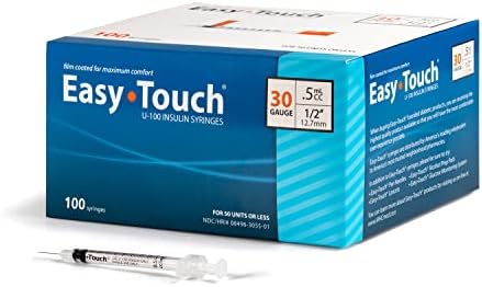 Easy Touch U-100 Insulin Syringe with Needle, 30G 0.5cc 1/2-Inch (12.7mm), Box of 100