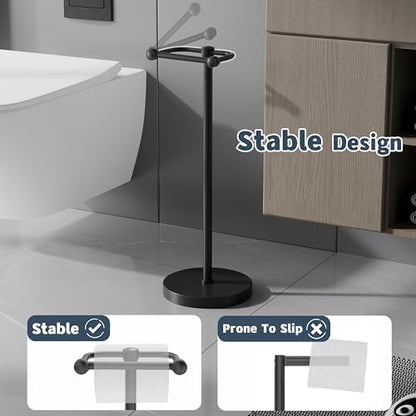 Toilet Paper Holder Stand, Modern Bathroom Free Standing Toilet Paper Roll Holder, Stainless Steel Tissue Rack, Rust-Proof & Heavy Stable Base (Matte Black)