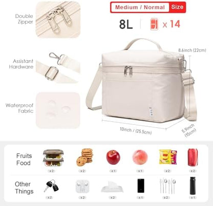 NOL Natural Organic Lifestyle Insulated Lunch Bags for Women Cooler Bag Lightweight Nylon Waterproof Lunch Box For Work（Medium, Cream