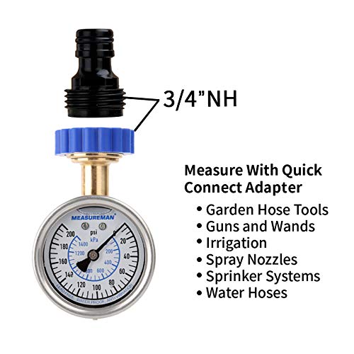 MEASUREMAN 2-1/2" Water Pressure Gauge Kit 6 Parts Kit, Lead-Free Brass, 2-1/2" dial, 0-200 Psi，Glycerin Filled,3/4" Hose Thread, Plus 5 Adapters