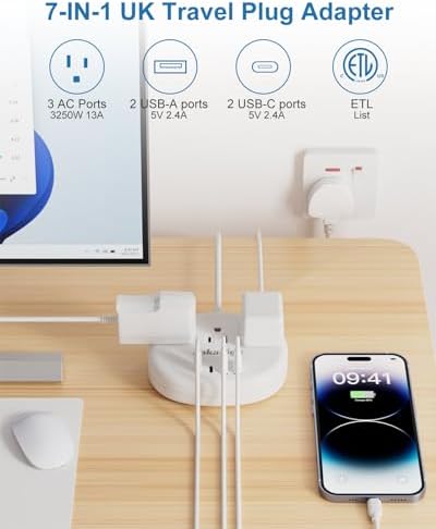 UK Adapters for Travel(13A), US to UK Plug Adapter with 3 Outlets 4 USB Ports (2 USB-C) Total Output 24W, Type G Travel Adapter for USA to British Ireland Scotland Hong Kong