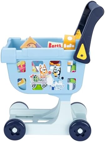The Bluey Shopping Trolley | with Free-Rolling Wheels and Rotating Handle. The Ideal Size for Toddlers | Stands at 19.3 Inch Tall | 8 Colorful Cardboard Shopping Goods are Included with This Trolley