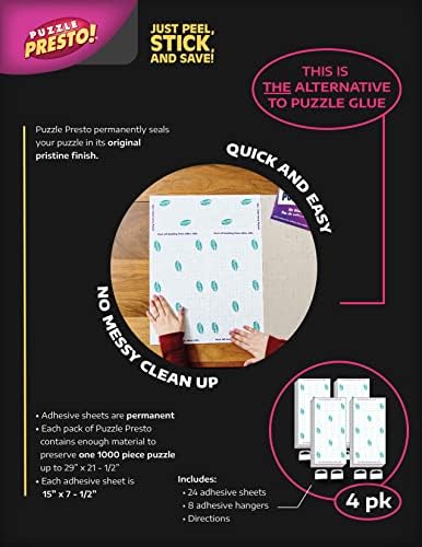 (4 Pack) Puzzle Presto! Peel & Stick Saver: The Original and Still The Best Way to Preserve Your Finished Puzzle! 24 Adhesive Sheets and 8 Adhesive Hangars.