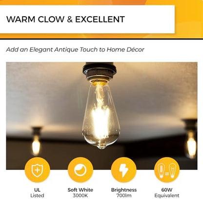Hizashi Vintage LED Edison Bulb Dimmable, 6W Equivalent 60W, 3000k Soft White, E26 Base Led Light Bulbs, 700LM, UL Listed, High CRI 95+ Eye Protection, Clear Glass, Pack of 12