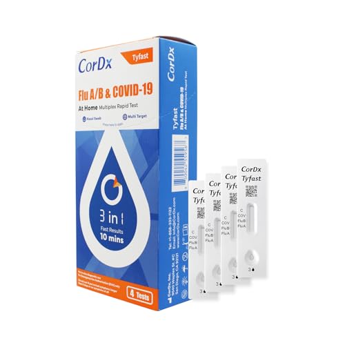 CorDx Tyfast at Home Flu A/B and COVID 19 Rapid Test Kit, Easy, Accurate, Fast Results in 10 Minutes, 4 Tests.