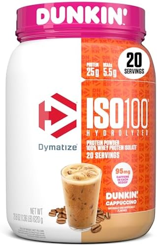 Dymatize x Dunkin' Cappuccino ISO100 Whey Protein Powder, 95mg Caffeine, 25g of Protein, 20 Servings, 5.5g BCAAs, 120 Cal., Gluten Free, 1g Fat, 1g Sugar, 2g Carb