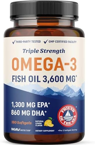 Triple Strength Omega 3 Fish Oil 3600 mg | EPA & DHA | Over 2100mg Omega-3 Fatty Acids | 1300mg EPA + 860mg DHA | Best Essential Fatty Acids | Premium Wild Caught & Burpless Fish Oil | 180 Ct