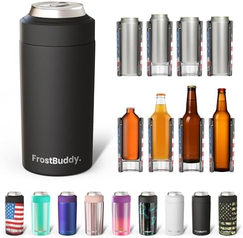 Frost Buddy Universal Can Cooler - Fits All - For Regular 12 & 16 oz or Slim-Size Bottles - Insulated Double-Walled Stainless Steel (MatteBlack)