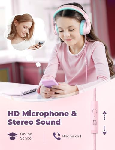 iClever HS19 Kids Headphones with Microphone for School, Safe Volume Limited, Over-Ear Girls Boys Headphones for Kids with Shareport, Foldable Wired for iPad/Travel (Pink)