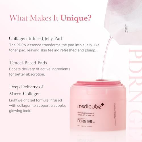medicube Salmon DNA PDRN Pink Collagen Jelly Pad | Korean Gel Toner Pads with Niacinamide, Madecassoside, Retinol | Soothing, Radiance & Uneven Skin Tone | Korean Skin Care | 70Pads