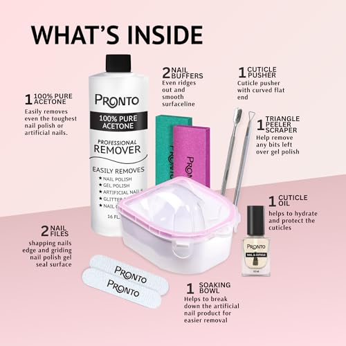 Pronto Gel Nail Polish Remover Kit - 16oz Pure Acetone, Nail Soaking Bowl, Moisturizing Cuticle Oil, Manicure Kit Including Gel Nail Polish Tools, Nail File, Nail Buffer, Cuticle Pusher & Nail Scraper