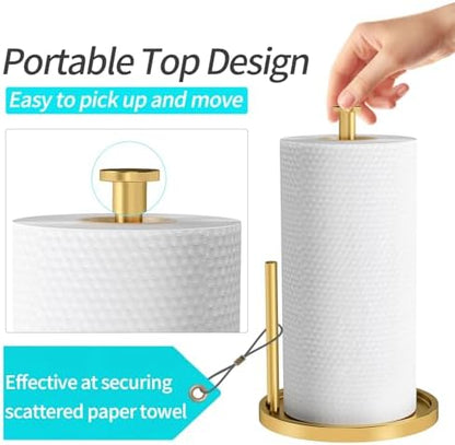 Paper Towel Holder Countertop, Standing Paper Roll Holder with Anti Slip Weighted Base, Stainless Steel Freestanding Paper Towel Holder for Kitchen, Gold