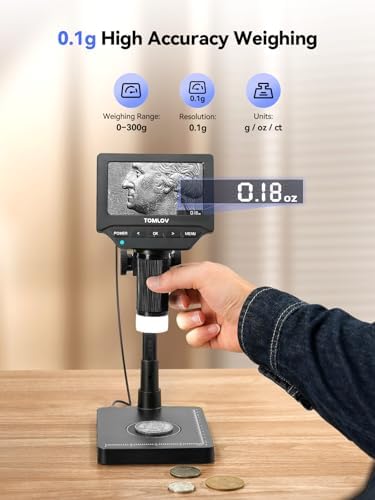 TOMLOV DM4W Microscope with Weighing Scale: 4.3" Digital Coin Microscope with Screen, Error Coin Magnifier with Lights, Weight Scale for Collectors, Jeweler, Students, Compatible with Windows/Mac