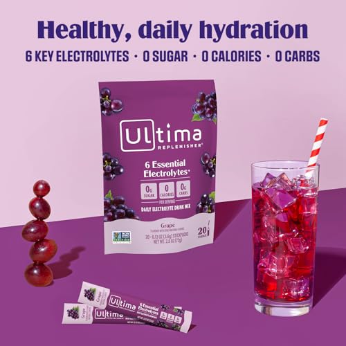 Ultima Replenisher Daily Electrolyte Powder Drink Mix – Sugar Free – Grape, 20 Stickpacks – Hydration Packets with 6 Key Electrolytes and Trace Minerals – Keto Friendly, Vegan, Non-GMO