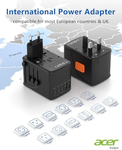 Acer Universal Travel Plug Adapter - International Power Adapter with 5 USB Ports (3 USB C) 5.8A, Worldwide Outlet Charger for USA to European UK France Germany Spain, Type C/E/F/G/I/L/A, Black