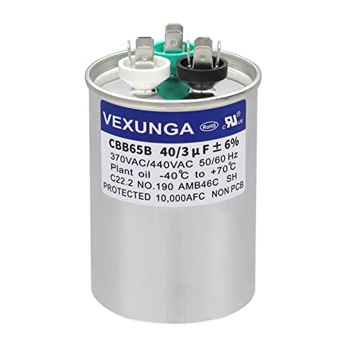 40/3 uF 40+3 MFD 370VAC or 440VAC Dual Run Start Round A/C Capacitor CBB65 CBB65B Air Conditioner Capacitors for AC Unit Fan Motor Start or Heat Pump or Condenser Straight Cool