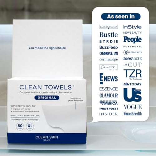 Clean Skin Club Clean Towels XL™, 100% USDA Biobased Face Towel, Disposable Face Towelette, Eczema Association Accepted, Makeup Remover Dry Wipes, Ultra Soft, 300 Ct, 6 Pack