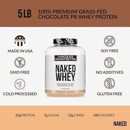 NAKED Whey Chocolate Peanut Butter Grass Fed Whey Protein Powder, No GMO, No Soy, and Gluten Free, Aid Growth and Recovery - 52 Servings