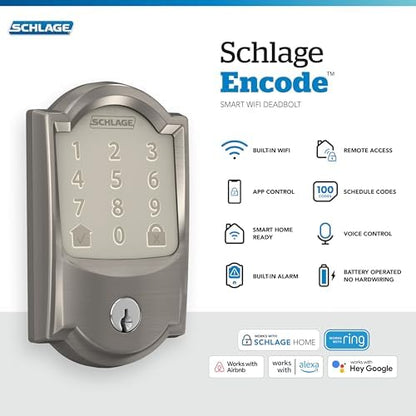 Schlage Encode Smart WiFi Deadbolt Lock for Front Door - Keyless Entry with App or Touchscreen - Works with Alexa, Hey Google, & Airbnb - Create Codes for Guests - Satin Nickel Silver