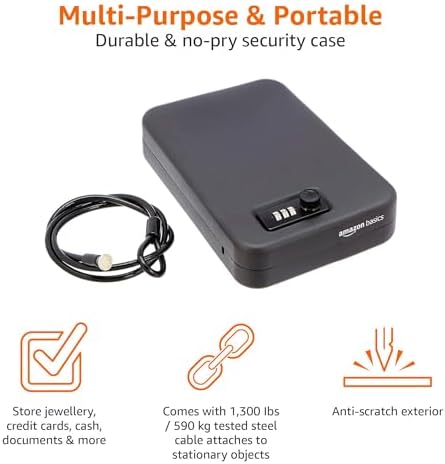 Amazon Basics Portable Security Case Lock Box Safe, Small Lock Box with Code, for College Dorm Room, Home, Combination Lock, Large, Black