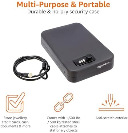 Amazon Basics Portable Security Case Lock Box Safe, Small Lock Box with Code, for College Dorm Room, Home, Combination Lock, Large, Black