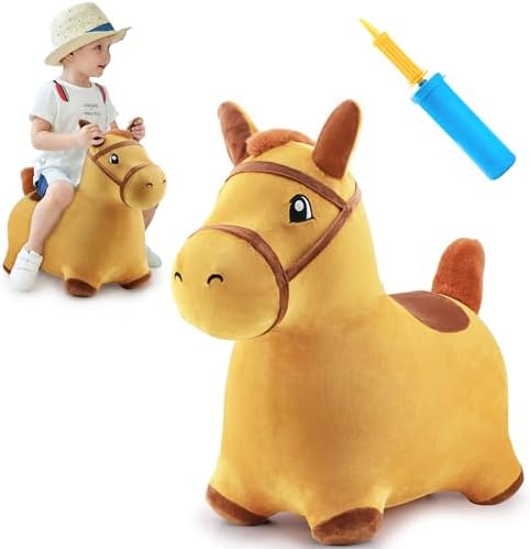 iPlay, iLearn Bouncy Pals Hopping Horse, Toddler Girl Boy Inflatable Bouncing Animal Hopper Toy, Outdoor Indoor Plush Ride on Bouncer, Baby Birthday Gift 18 Month 2 3 4 Year Old Kid - Horse