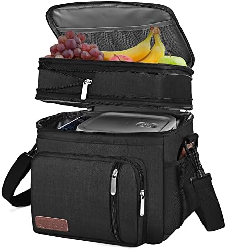 MIYCOO Lunch Bag & Lunch Box for Men Women Double Deck, Leakproof insulated Soft Large Adult Lunch Cooler Bag for Work, Beach, Picnic, Camping, Travel (Black,15L)