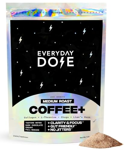 Everyday Dose Bold Medium Roast Mushroom Coffee 90mg Caffeine per serving with Grass-Fed Collagen, Chaga, Lions Mane & L-Theanine for Better Focus, Energy, Digestion, Skin, and Immunity 30 Servings