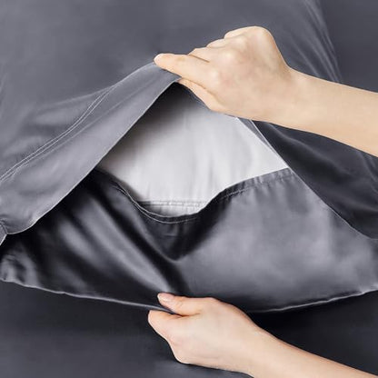 Bedsure Queen Sheet Set, Cooling Sheets for Queen Size Bed Set, Rayon Derived from Bamboo, Breathable & Soft, Deep Pocket Up to 16 Inches, Hotel Luxury Silky Bedding for Hot Sleepers, Dark Grey