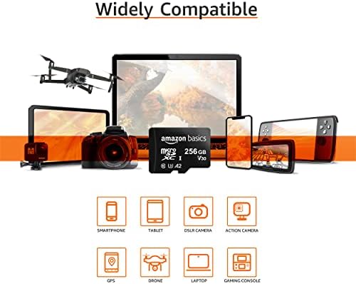 Amazon Basics Micro SDXC Memory Card with Full Size Adapter, A2, U3, Read Speed up to 100 MB/s, 256 GB, Black