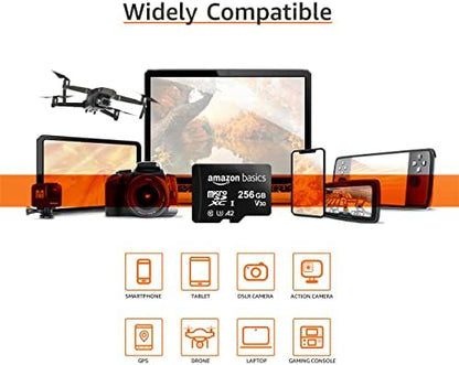 Amazon Basics Micro SDXC Memory Card with Full Size Adapter, A2, U3, Read Speed up to 100 MB/s, 256 GB, Black