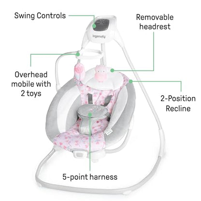Ingenuity SimpleComfort Lightweight Compact 6-Speed Multi-Direction Baby Swing, Vibrations & Nature Sounds, 0-9 Months 6-20 lbs (Pink Cassidy)