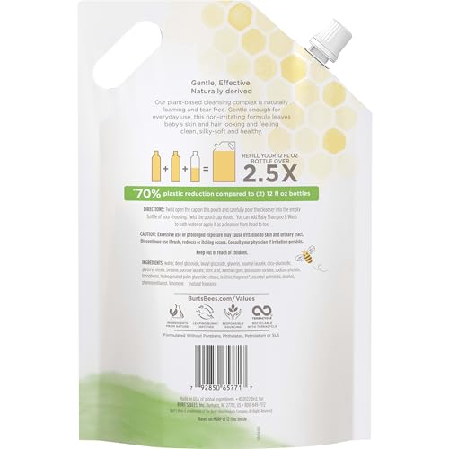 Burts Bees Baby Shampoo and Baby Wash Refill, Original, Plant-Based Formula, Tear-Free, Pediatrician-Tested, Natural Origin, Gently Cleans Sensitive Skin and Hair, 33.8 Fl Oz