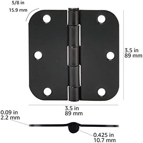 Amazon Basics Sturdy Rounded 5/8 Radius Interior Door Hinges, 3.5" x 3.5", 18 Pack, Matte Black
