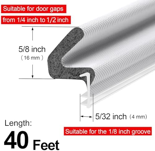 40FT Extra Long Kerf Weather Stripping Door Seal for Large Gaps and Easy Installation (White)