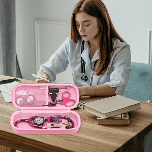 BOVKE Travel Stethoscope Case for 3M Littmann Classic III, Lightweight II S.E, MDF Acoustica Lightweight Stethoscopes, Mesh Pocket for Pen Lights, Medical Scissors and Nurse Accessories, Pink