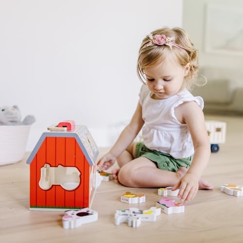 Melissa & Doug Wooden Take-Along Sorting Barn Toy with Flip-Up Roof and Handle, 10 Wooden Farm Play Pieces - Farm Toys, Shape Sorting And Stacking Learning Toys For Toddlers And Kids Ages 2+