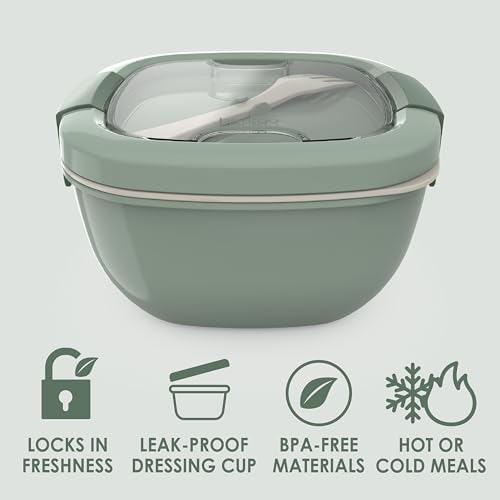 Bentgo Salad Container - 54 oz Bowl with 4-Compartment Toppings Tray, Leak-Proof Dressing Container, Reusable Fork, BPA-Free Lunch Box for Meal Prep & Food Storage; Removable Bento Tray (Khaki Green)