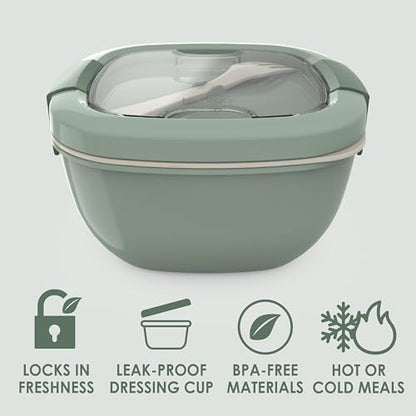Bentgo Salad Container - 54 oz Bowl with 4-Compartment Toppings Tray, Leak-Proof Dressing Container, Reusable Fork, BPA-Free Lunch Box for Meal Prep & Food Storage; Removable Bento Tray (Khaki Green)