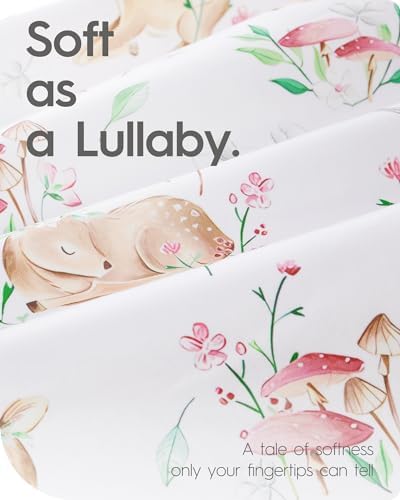 Mini Crib Sheets 24x38, Ultra Soft Pack N Play Sheets Fitted Boy Girl, Neutral Pack and Play Mattress Sheets, Premium Jersey Knit Portable Crib Sheets Hypoallergenic, Forest Bear & Deer