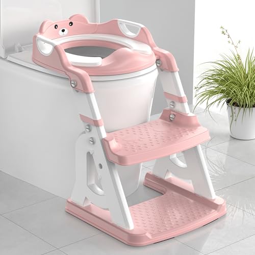 Potty Training Seat, Upgrade 2 in 1 Potty Training Toilet for Toddler, Toddler Toilet Seat for Boys Girls with Splash Guard, Anti-Slip Pad and Step Stool (Pink)