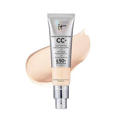 IT Cosmetics CC+ Cream - Full-Coverage Foundation With SPF 50, Color Corrector & Anti-Aging Serum, Formulated With Niacinamide & Hyaluronic Acid, Natural Finish, For All Skin Types, 1.08 fl oz