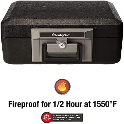 SentrySafe Fireproof Safe Box with Key Lock, Chest Safe with Carrying Handle to Secure Money, Jewelry, Documents, 0.25 Cubic Feet, 6.3 x 15.3 x 12.1 Inches, 1160
