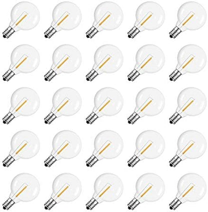 Meconard G40 1.57 Inch Led Replacement Light Bulbs, E12 Screw Base Shatterproof LED Small Globe Light Bulbs for Outdoor String Lights, 1Watt Equvalent to 5 Watt Incandescent Bulbs, Warm White, 25Pack