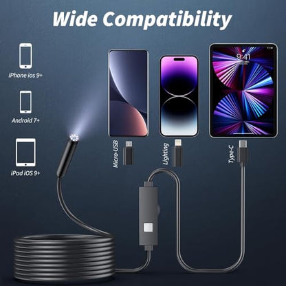 Endoscope Camera with Light,1920P HD Borescope Tools with 8 Adjustable LED Lights, Endoscope with Semi-Rigid Snake Camera, IP67 Waterproof Inspection Borescope for iOS and Android-32.8ft Single Lens